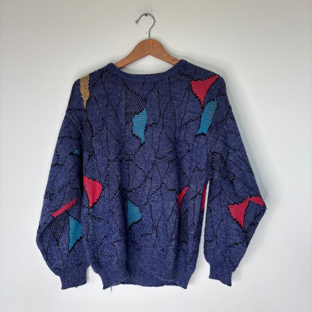 Vintage 1980s Acrylic Graphic‎ Blue Colorful Crewneck Sweater European Size 38
